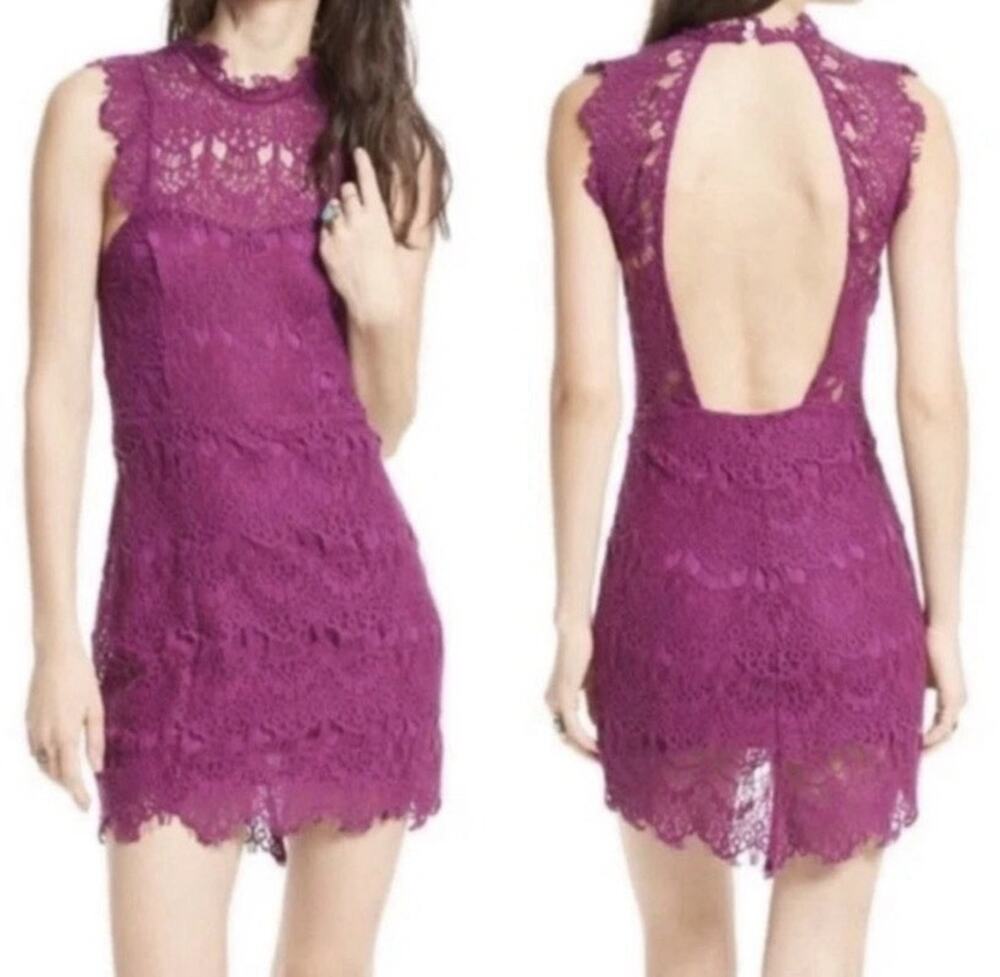 Free People Intimately Lace Mini Dress Magenta Open Back Size M